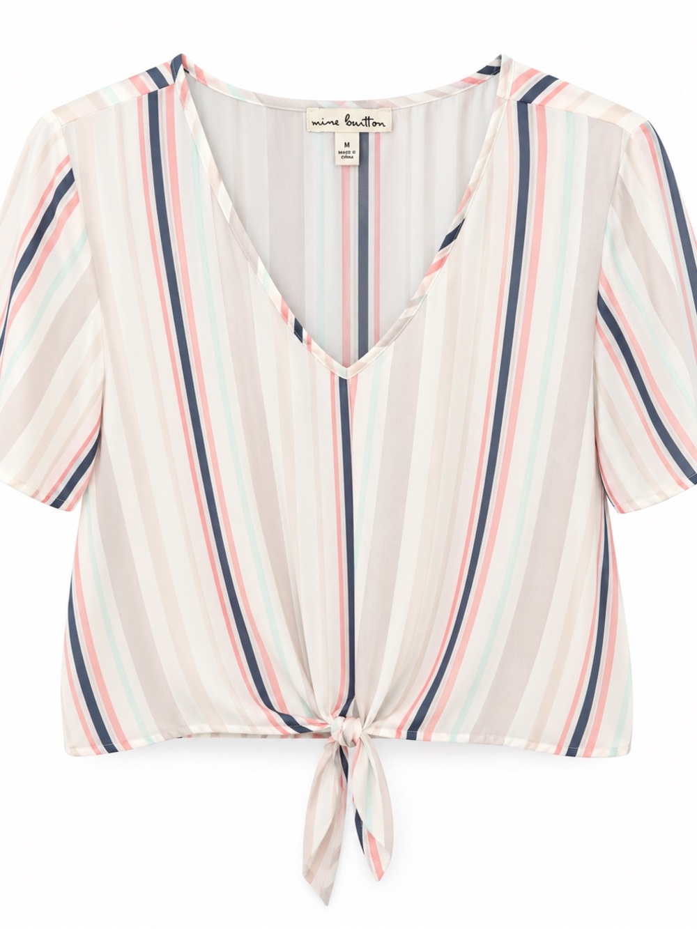 Tie-Front V-Neck Striped Blouse - Pastel Multi